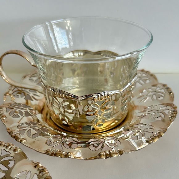 Vintage West German BMF Silver Plated Brass with Glass Inserts Cups & Saucers - Picture 4 of 14